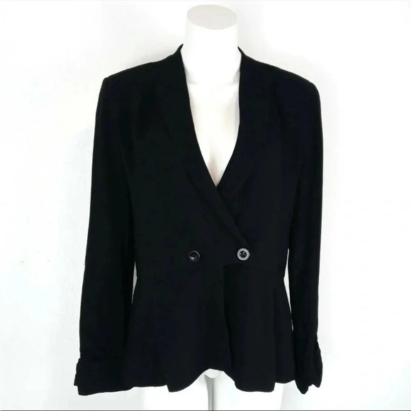 Graylin Black Crepe Two Button Peplum Blazer with Striped Lining Size large - Picture 1 of 8